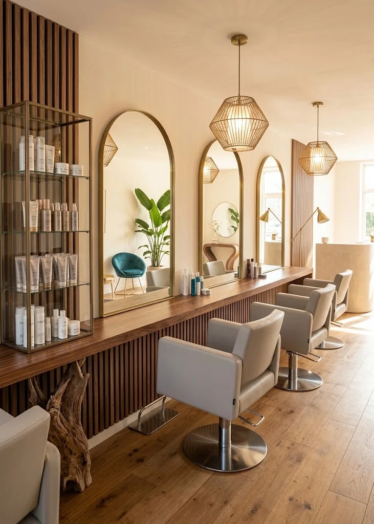 Intérieur élégant d’un salon de coiffure avec fauteuils, miroirs en arche et produits capillaires